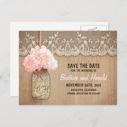 Romantische Mason Jar roze bloemen opslaan de datu Aankondigingskaart (Voorkant / Achterkant)
