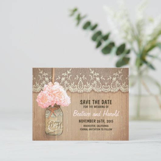 Romantische Mason Jar roze bloemen opslaan de datu Aankondigingskaart (Staand voorkant)