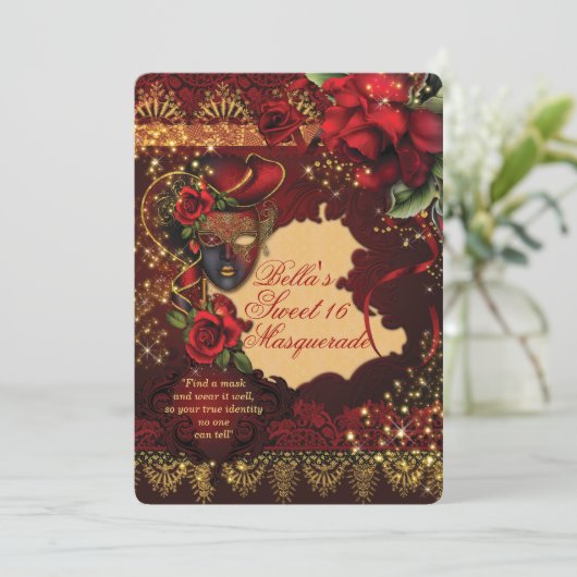 Romantische Masquerade Sweet 16 Party Invites Kaart (Staand voorkant)