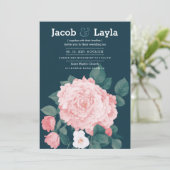 Romantische mauve blauw roze roos bloemenbruiloft kaart (Staand voorkant)