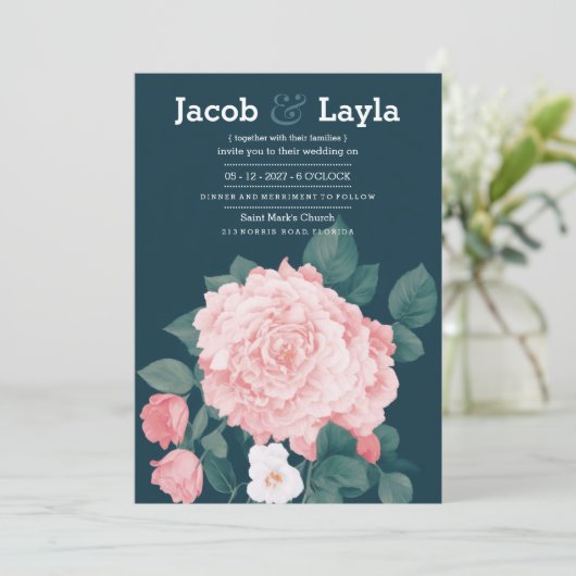 Romantische mauve blauw roze roos bloemenbruiloft kaart (Staand voorkant)