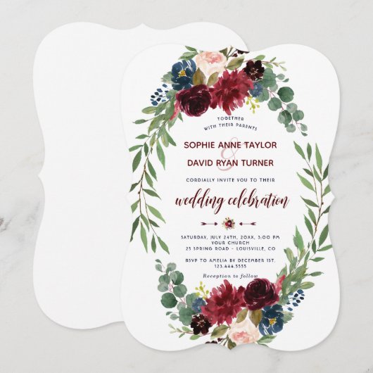 Romantische Merlot Navy Blauwe Bloem Bruiloft Kaart (Voorkant / Achterkant)