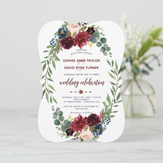 Romantische Merlot Navy Blauwe Bloem Bruiloft Kaart (Staand voorkant)