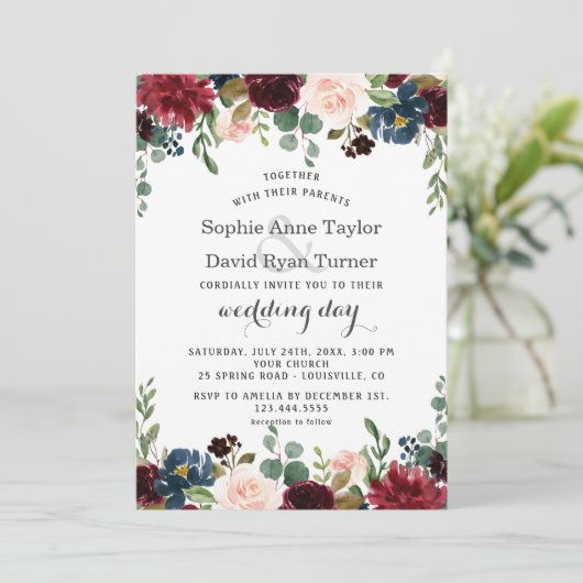 Romantische Merlot Navy Blauwe Bloemige Bruiloft Kaart (Staand voorkant)