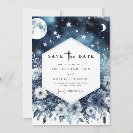 Romantische minimalistische maanverlichte bruiloft save the date (Voorkant)