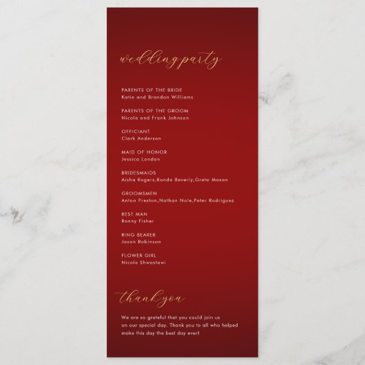 Romantische minimalistische moderne donkerrode & g programmakaart (Achterkant)