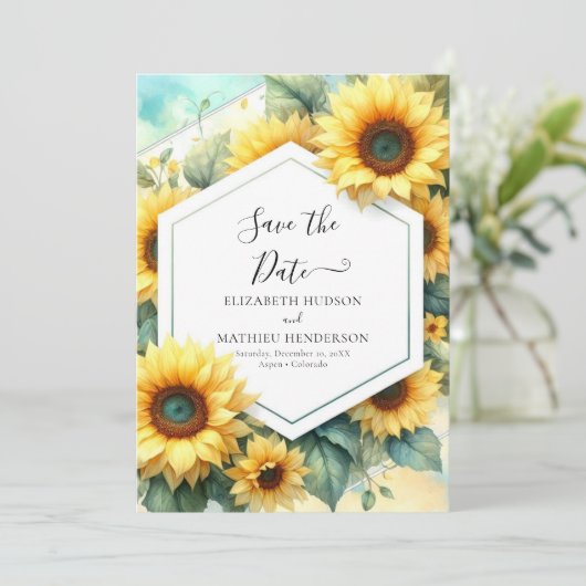 Romantische minimalistische zonnebloem bruiloft save the date (Staand voorkant)