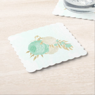 Romantische mintgroene en witte bloemen goud kartonnen onderzetters