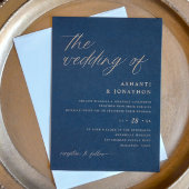 Romantische moderne marine blauw en gouden bruilof kaart