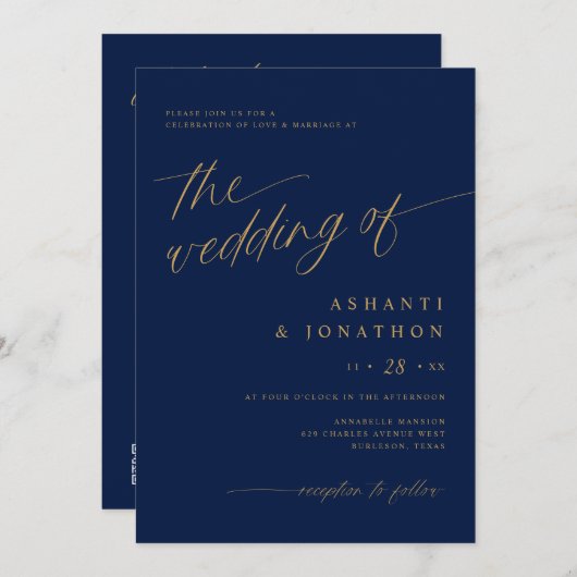 Romantische moderne marine blauw goud alles in één kaart (Voorkant / Achterkant)