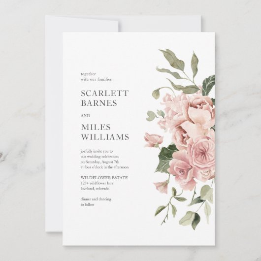 Romantische moderne roze rozen bruiloft kaart (Voorkant)