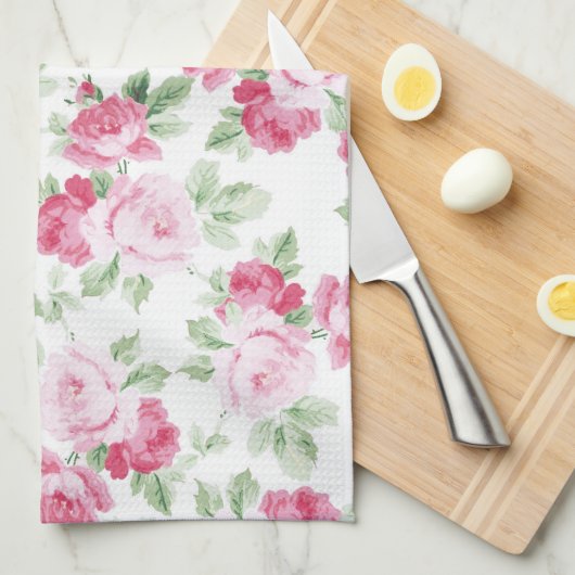 Romantische moderne roze witte trendy rozen floraa theedoek (Quarter Fold)