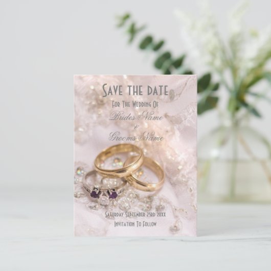 Romantische moderne trouwringen redden de datum aankondigingskaart (Staand voorkant)