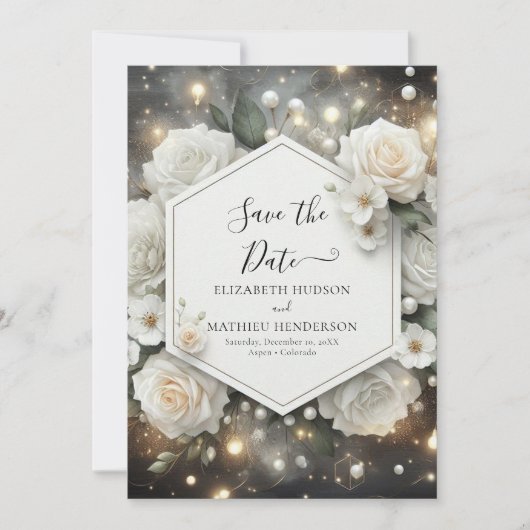 Romantische moderne witte rozen bruiloft save the date (Voorkant)