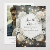 Romantische moderne witte rozen bruiloft save the date (Voorkant / Achterkant)