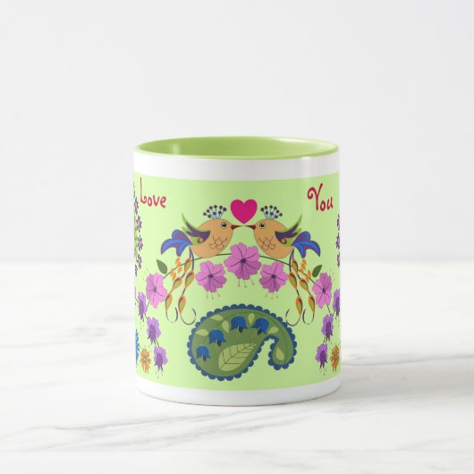 Romantische mok met liefdesvogels en aangepaste te (Midden)