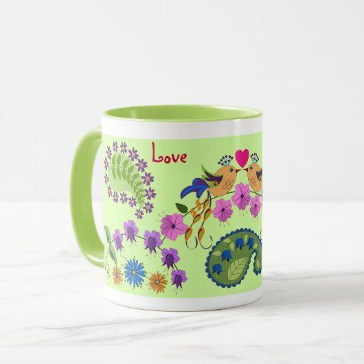 Romantische mok met liefdesvogels en aangepaste te (Voorkant links)