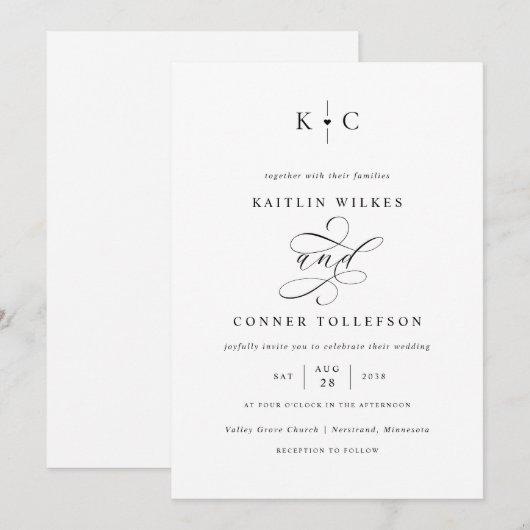 Romantische Monogram Calligrafie Bruiloft Kaart (Voorkant / Achterkant)