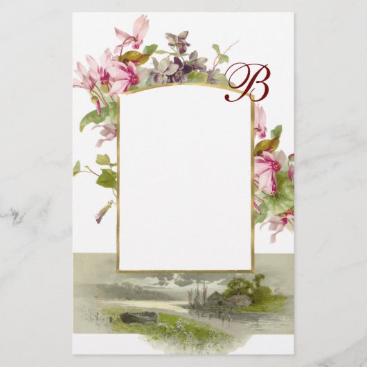 ROMANTISCHE MONOGRAM / CYCLAMEN,roze groen wit Briefpapier (Voorkant)