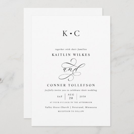 Romantische Monogram Kalligrafie Bruiloft Kaart (Voorkant / Achterkant)