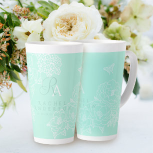 Romantische Monogram Pioenrozen Tuin Groen Latte Mok
