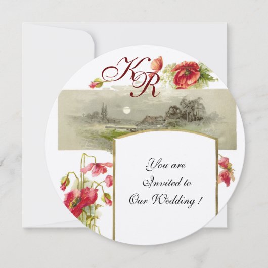 ROMANTISCHE MONOGRAM / POPPIES,rood,groen,champagn Kaart (Voorkant)