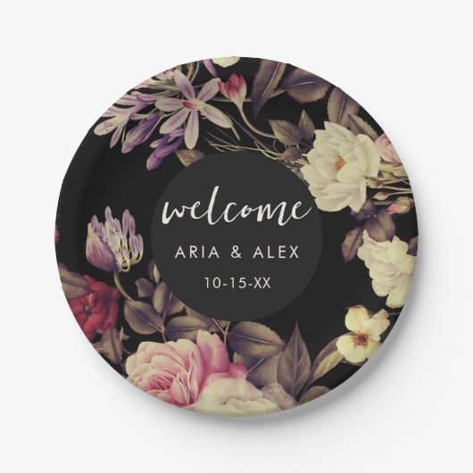 Romantische Moody Floral Bruiloft Naam Datum Zwart Papieren Bordje (Voorkant)