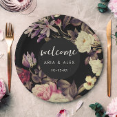 Romantische Moody Floral Bruiloft Naam Datum Zwart Papieren Bordje