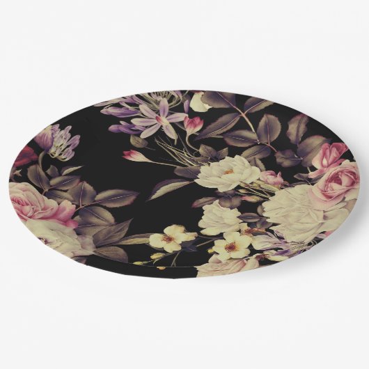 Romantische Moody Floral Bruiloft Zwart Papieren Bordje (Gekanteld)