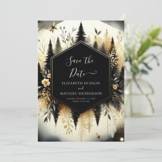 Romantische mooie betoverde bos bruiloft save the date (Staand voorkant)