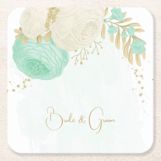 Romantische munt, groen en witte bloemen goud kartonnen onderzetters (Voorkant)
