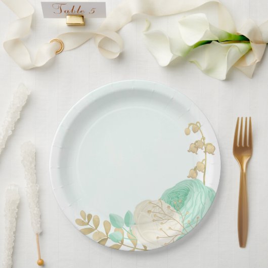 Romantische munt, groen en witte bloemen goud papieren bordje (Huwelijk)