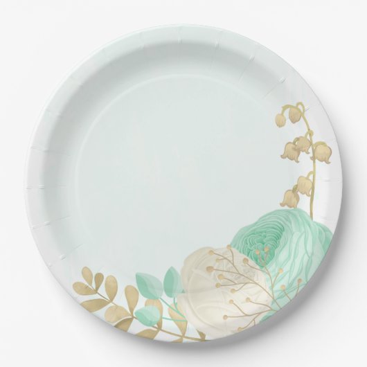 Romantische munt, groen en witte bloemen goud papieren bordje (Voorkant)