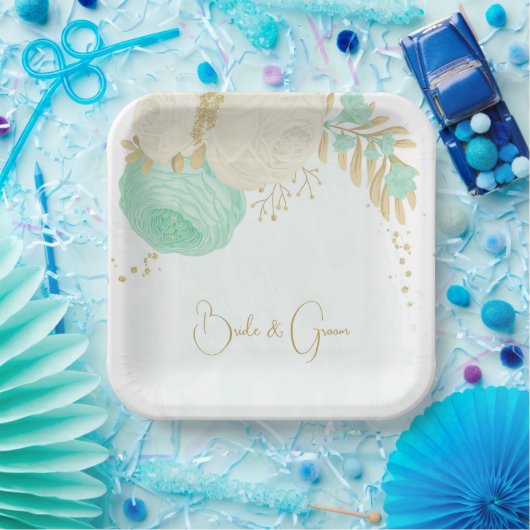 Romantische munt groen en witte bloemen goudpapier papieren bordje (Feest)