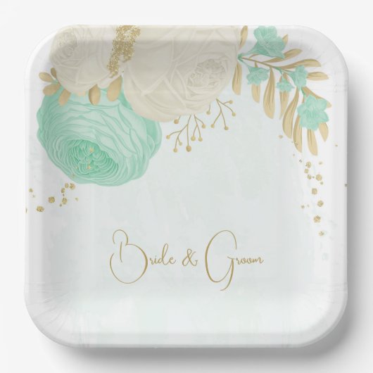 Romantische munt groen en witte bloemen goudpapier papieren bordje (Voorkant)