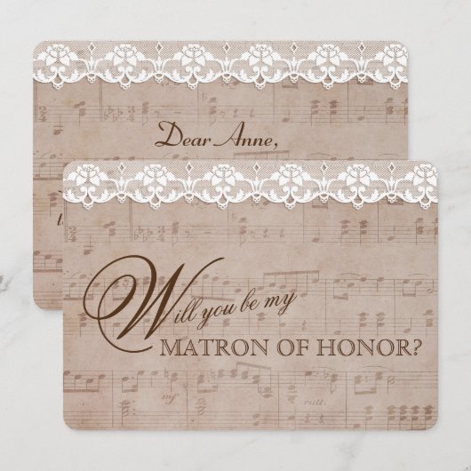 Romantische Muziek Blad Kant Be my MATRON OF HONOR Kaart (Voorkant / Achterkant)