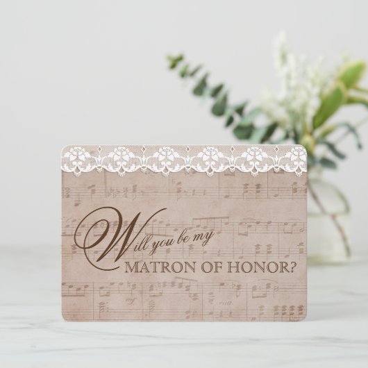 Romantische Muziek Blad Kant Be my MATRON OF HONOR Kaart (Staand voorkant)