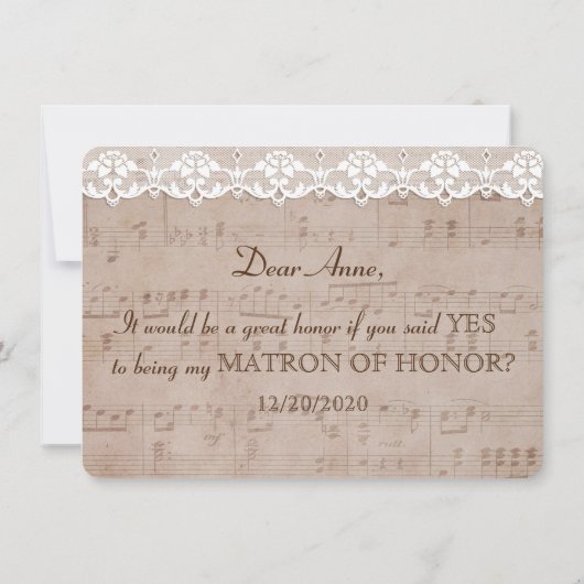 Romantische Muziek Blad Kant Be my MATRON OF HONOR Kaart (Achterkant)