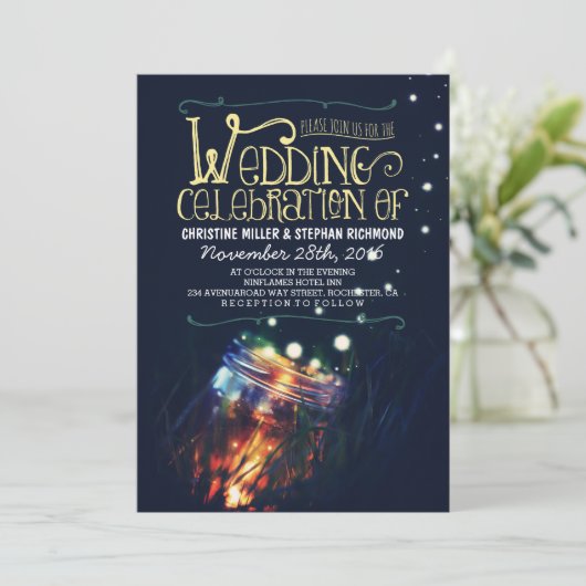 Romantische nachtlampjes mason jar bruiloft uitnod kaart (Staand voorkant)