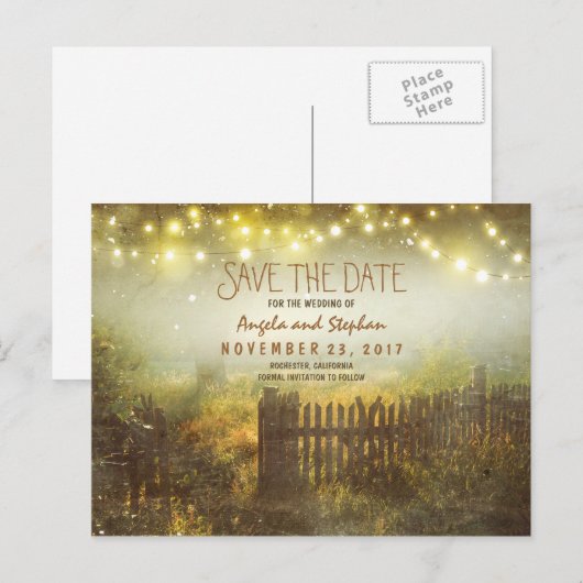 romantische nachtlampjes rustiek sparen de datum aankondigingskaart (Voorkant / Achterkant)