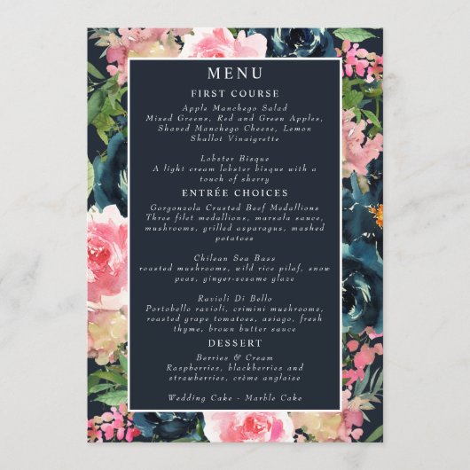 Romantische Navy Blau Blush Roze Bloemen Menu (Voorkant)