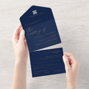 Romantische Navy Blau Gouden Fijne Scriptie Bruilo All In One Uitnodiging