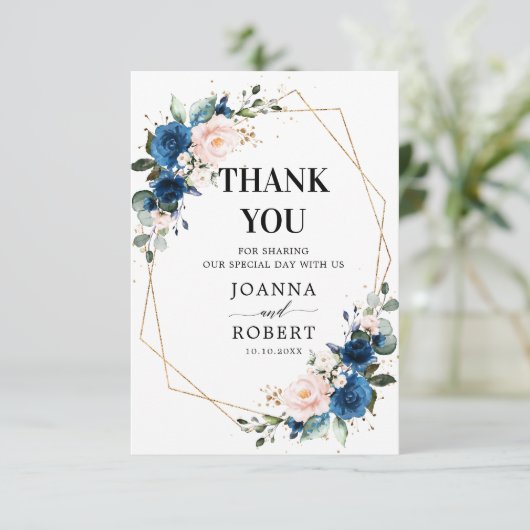 Romantische Navy Blauwe Blosemtint Roos Bloemige G Bedankkaart (Staand voorkant)