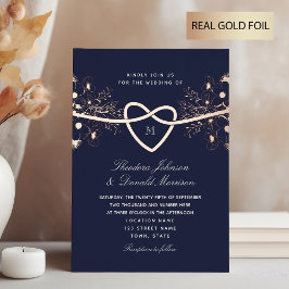 Romantische Navy Blauwe en Gouden Bruiloft Folie Uitnodiging