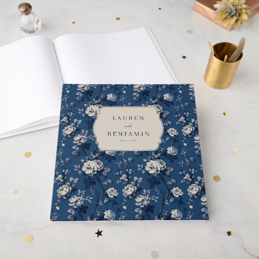 Romantische Navy Bloemige Elegantie Gastenboek (Voorkant open)