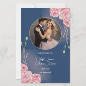Romantische Navy Blue & Blush Pink Wedding Menu (Voorkant)