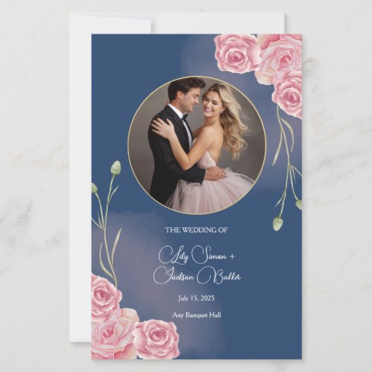 Romantische Navy Blue & Blush Pink Wedding Menu (Voorkant)