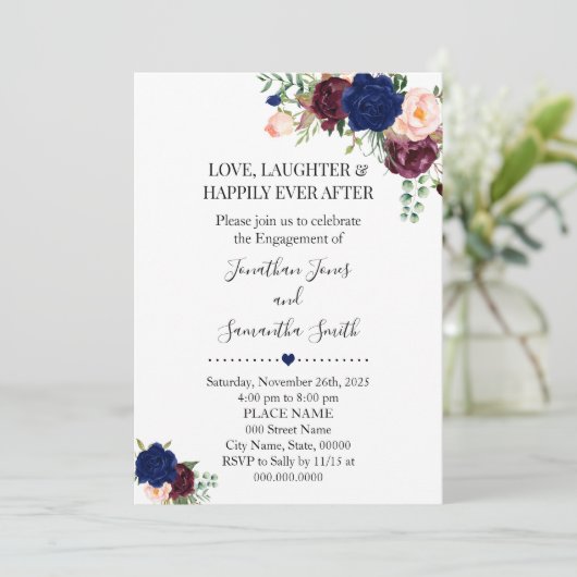 Romantische Navy Burgudy floral boho chic verlovin Kaart (Staand voorkant)