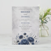 Romantische Navy Chrysanthemum Scabiosa Bruiloft Kaart (Staand voorkant)