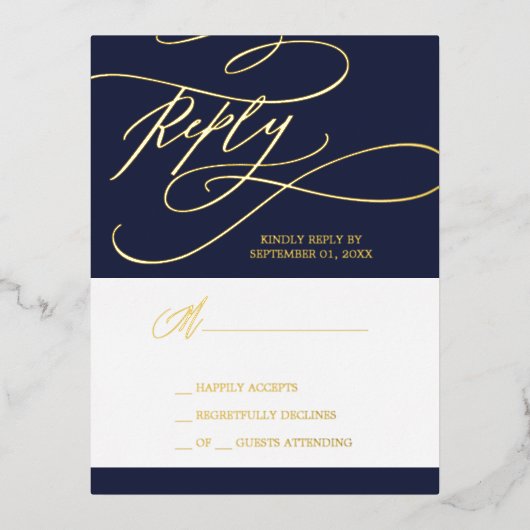 Romantische Navy Gold Folie Huwelijk Eenvoudige RS Folie Uitnodiging Briefkaart (Voorkant)
